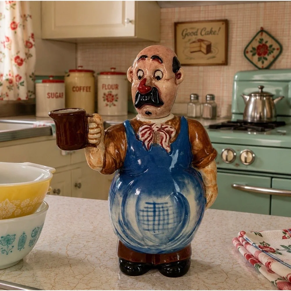 Vintage Japan Ceramic Bartender Decanter Bottle Chef Blue Apron Kitsch Barware